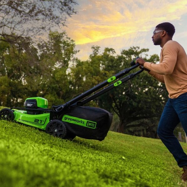 196 Greenworks 80V 21” Lawn Mower, 13” String Trimmer, and 730 Leaf Blower - Image 3