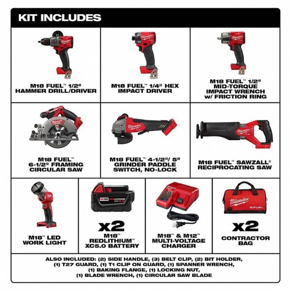 3697-27_2__HGIY_v1 MILWAUKEE Cordless Tool Combination Kit: 7 Tools, 18 V DC Volt, Battery Included, M18 FUEL™, M18™ - Image 10