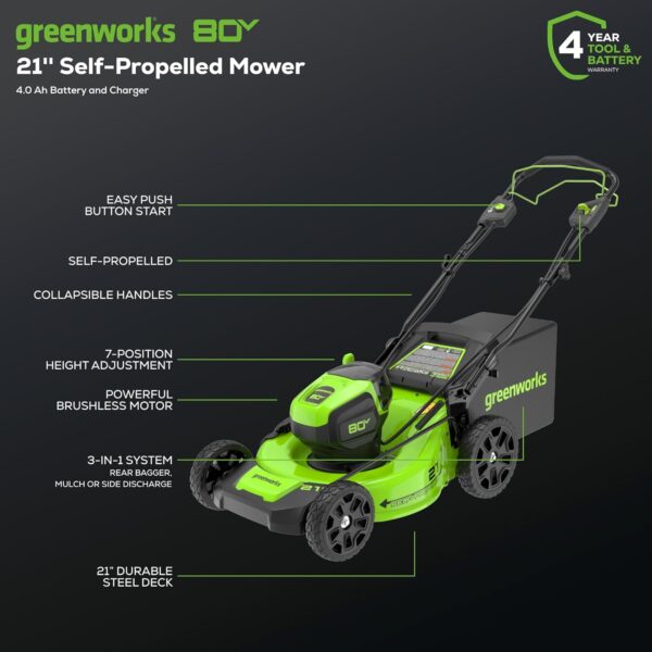 71E1pBtUwqL._AC_SL1500_ Greenworks 80V 21" Cordless Self-Propelled Lawn Mower - Image 6