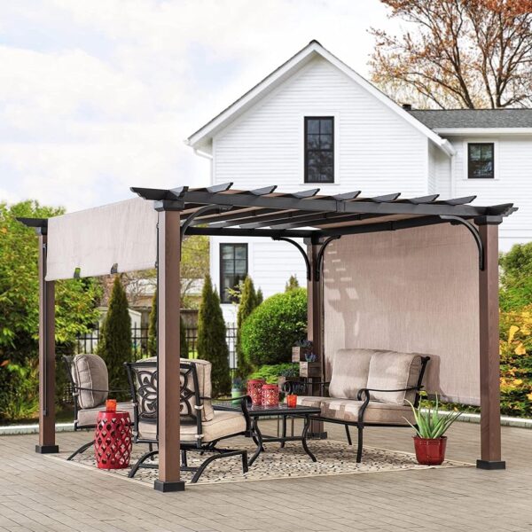 81AQsJrfBwL._AC_SL1409_ Sunjoy 11 x 11 ft Metal Pergola with Adjustable Tan Garden Shade - Image 1
