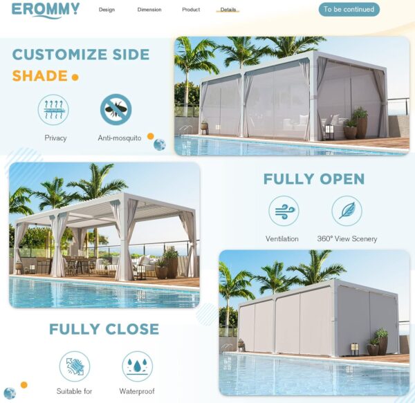 81BIiCCSDFL._AC_SL1500_ Erommy Outdoor Louvered Pergola Gazebo with Adjustable Aluminum Rainproof Roof - Image 4
