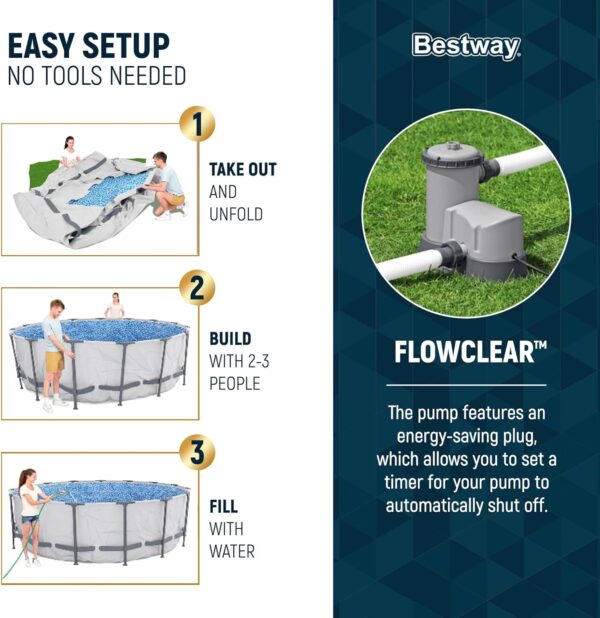 81Ytr38MtHL._AC_SL1500_ Bestway Steel Pro MAX 16 Foot x 48 Inch Round Metal Frame Above Ground Outdoor Swimming Pool Set - Image 3