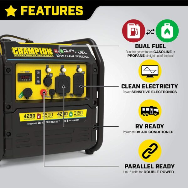 81pEvrSMTAL._AC_SL1500_ Champion 4250-Watt Dual Fuel RV Ready Open Frame Inverter Generator - Image 5