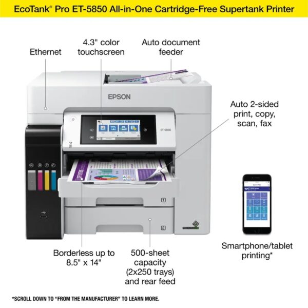868 Epson EcoTank Pro ET-5850 Wireless Color All-in-One Supertank Printer C11CJ29201 - Image 2