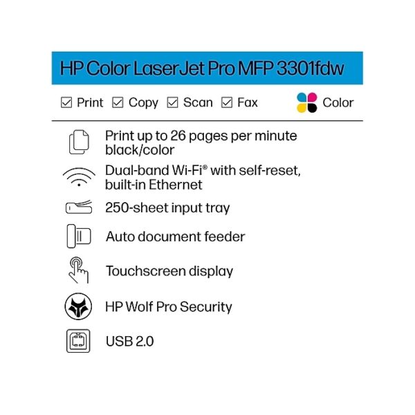 901 HP Color LaserJet Pro MFP 3301fdw | Color | Print, copy, scan, fax | Wireless | 499Q5F#BGJ - Image 5