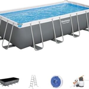 Bestway Power Steel 18' x 9' x 48" Rectangular Metal Frame Above Ground Outdoor Swimming Pool Set with 1,500 GPH Filter Pump, Ladder, and Pool Cover