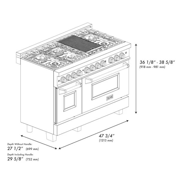 zline--autograph--edition--stainless--steel--dual--fuel--range--RAZ-48-CB--DImensionalDiagram_ade6005f-72fa-4813-be06-6664c5cde57b ZLINE Autograph Edition 48" 6.0 cu. ft. Dual Fuel Range with Gas Stove and Electric Oven Stainless Steel Accents - Image 7